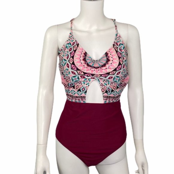 Cupshe Maroon Green One Piece Swimsuit Size L - Picture 1 of 2